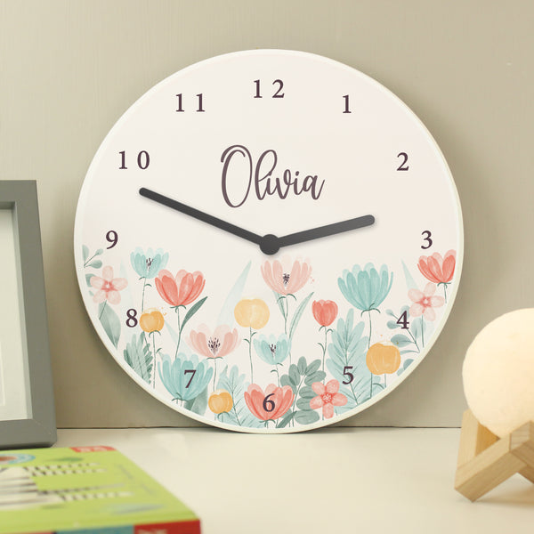 Personalised Floral Wooden Childrens Clock - part of the Gifts Finder Personalised Wooden Clocks collection