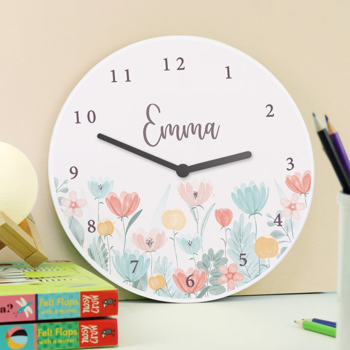 Personalised Floral Wooden Childrens Clock - part of the Gifts Finder Personalised Wooden Clocks collection