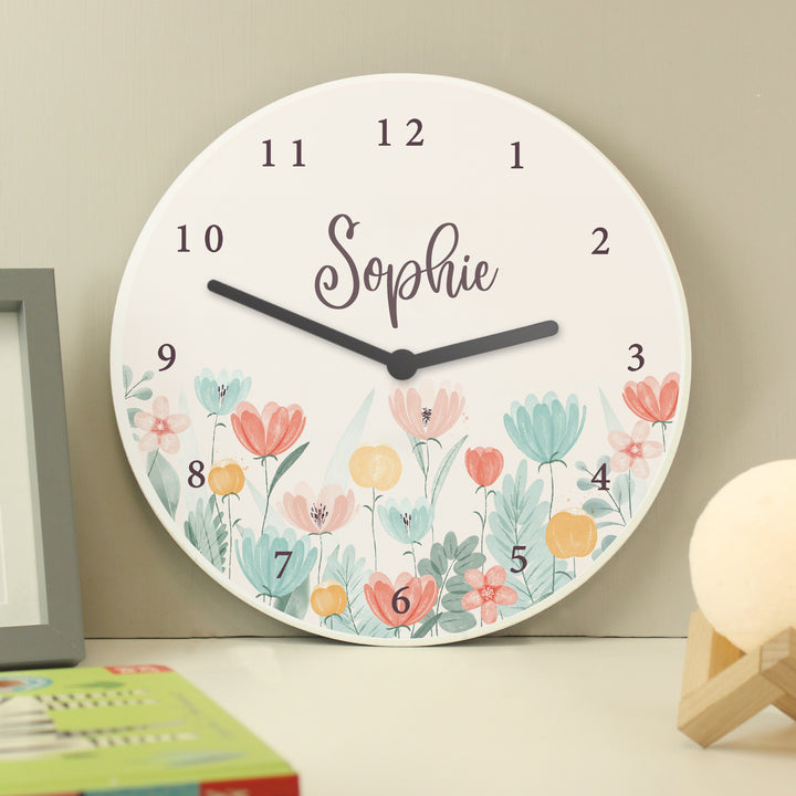 Personalised Floral Wooden Childrens Clock - part of the Gifts Finder Personalised Wooden Clocks collection