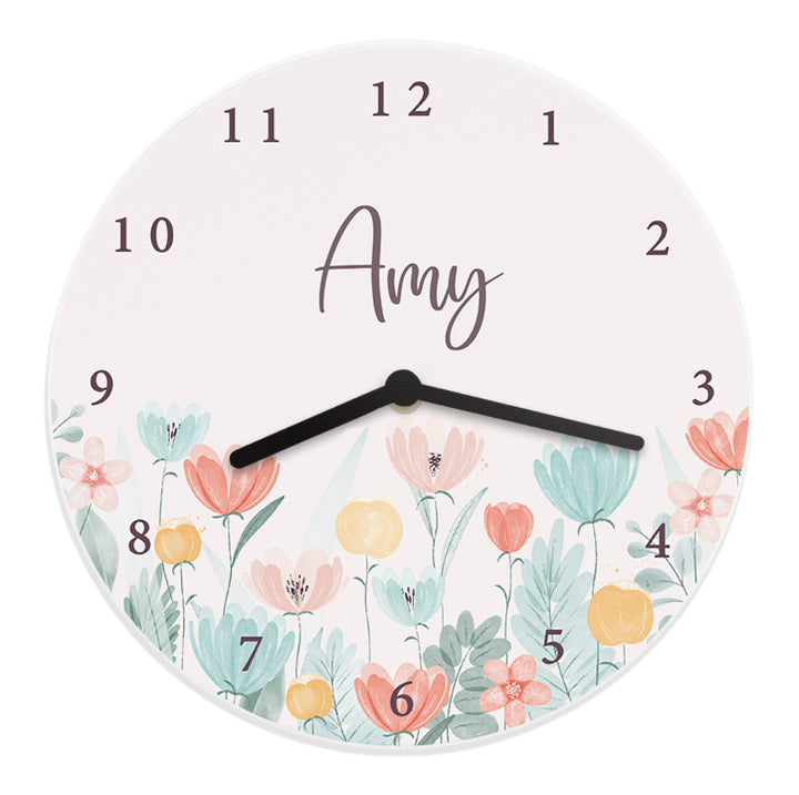 Personalised Floral Wooden Childrens Clock - part of the Gifts Finder Personalised Wooden Clocks collection