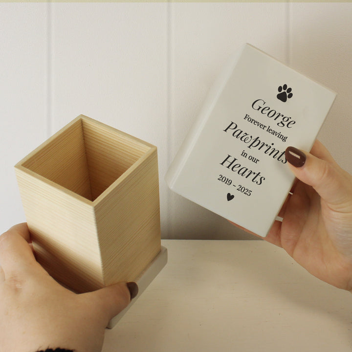 Personalised Pet Pawprints Small Wooden Urn - part of the Personalised Memorial Gifts collection