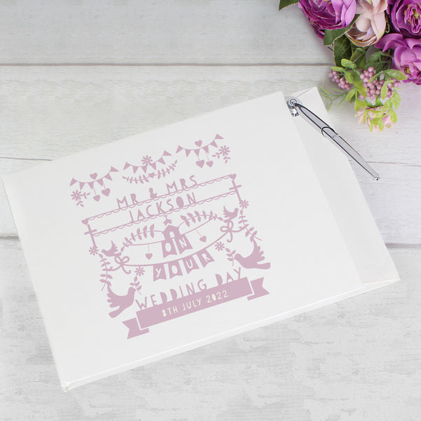 Buy Personalised Pink Papercut Style Hardback Guest Book & Pen at www.giftsfinder.co.uk