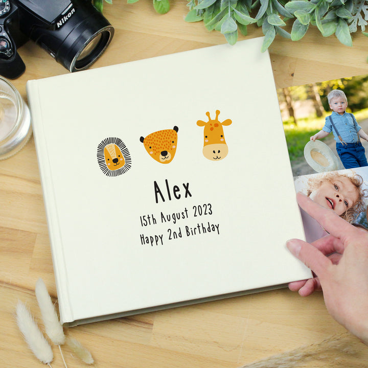 Personalised Scandi Safari Animals Square Photo Album in gift category Personalised Photo Albums