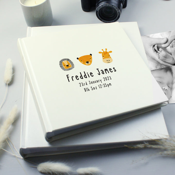 Personalised Scandi Safari Animals Square Photo Album in gift category Personalised Photo Albums