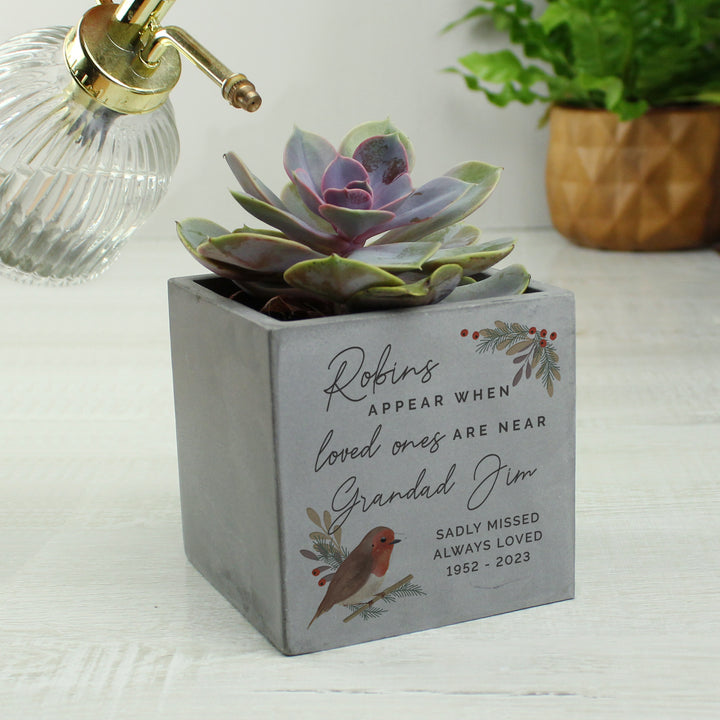 Personalised Robin Memorial Concrete Plant Pot in gift category Personalised Plant Pots