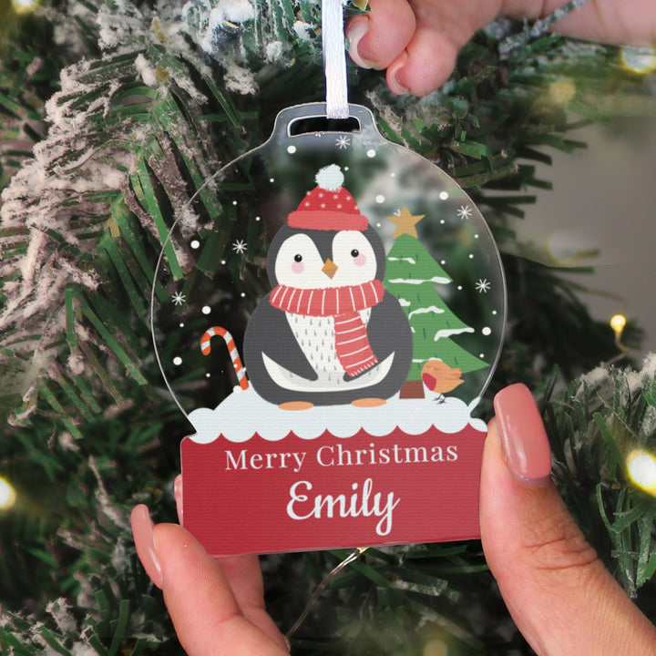 Personalised Penguin Acrylic Snowglobe Decoration - part of the Gifts Finder Personalised Christmas Decorations collection