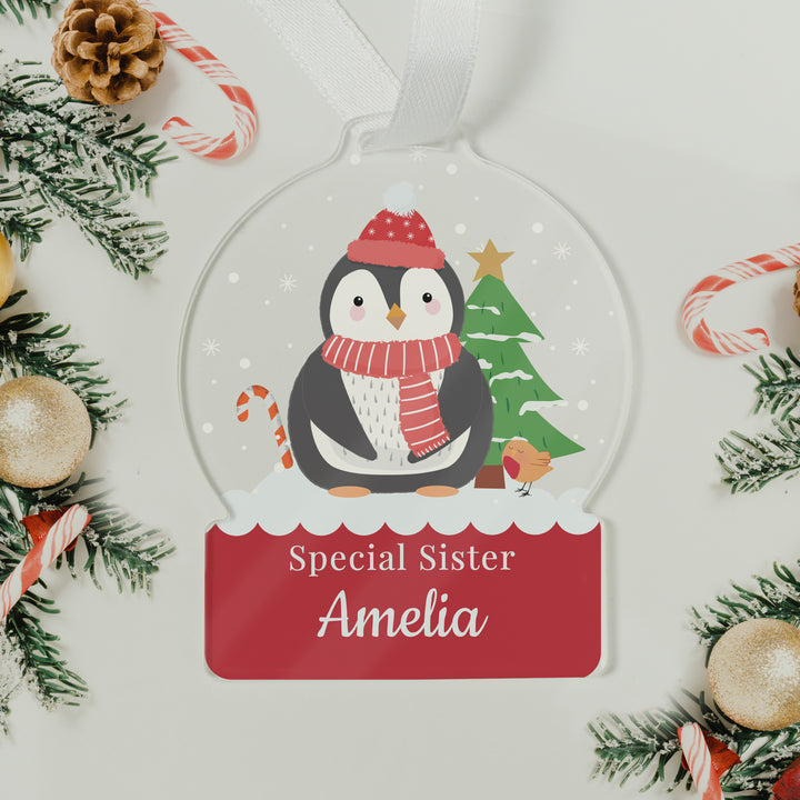 Personalised Penguin Acrylic Snowglobe Decoration - part of the Gifts Finder Personalised Christmas Decorations collection