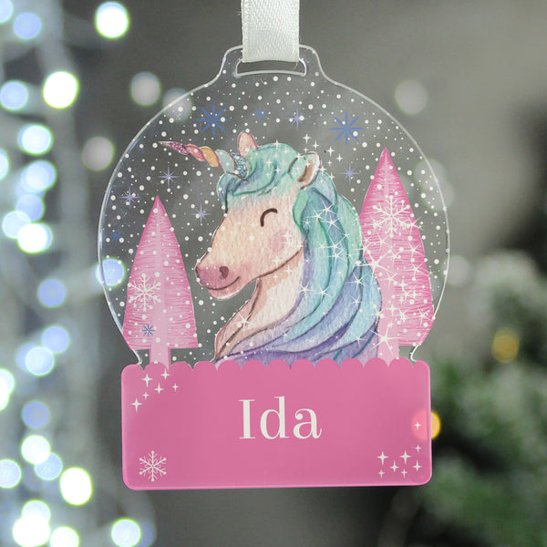 Personalised Unicorn Acrylic Snowglobe Decoration in gift category Personalised Christmas Decorations