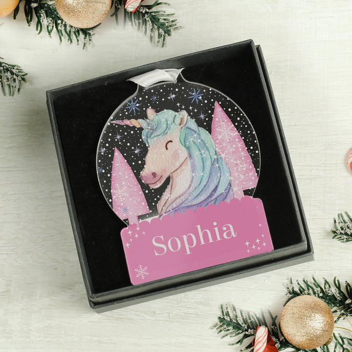 Personalised Unicorn Acrylic Snowglobe Decoration - part of the Gifts Finder Personalised Christmas Decorations collection