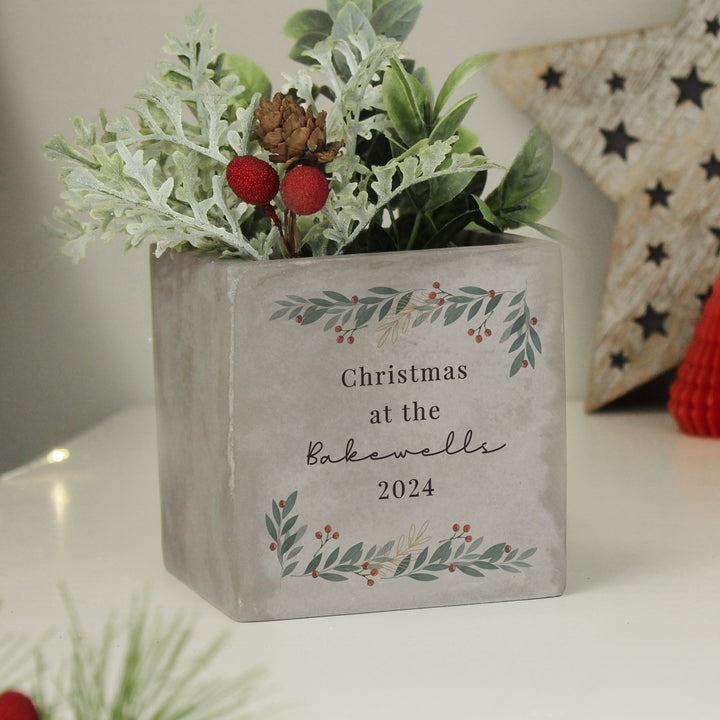 Buy Personalised Christmas Foliage Concrete Planter available now at www.giftsfinder.co.uk