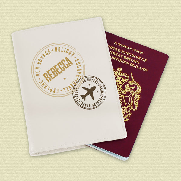 Personalised Stamped Cream Passport Holder in gift category Personalised Passport Holders