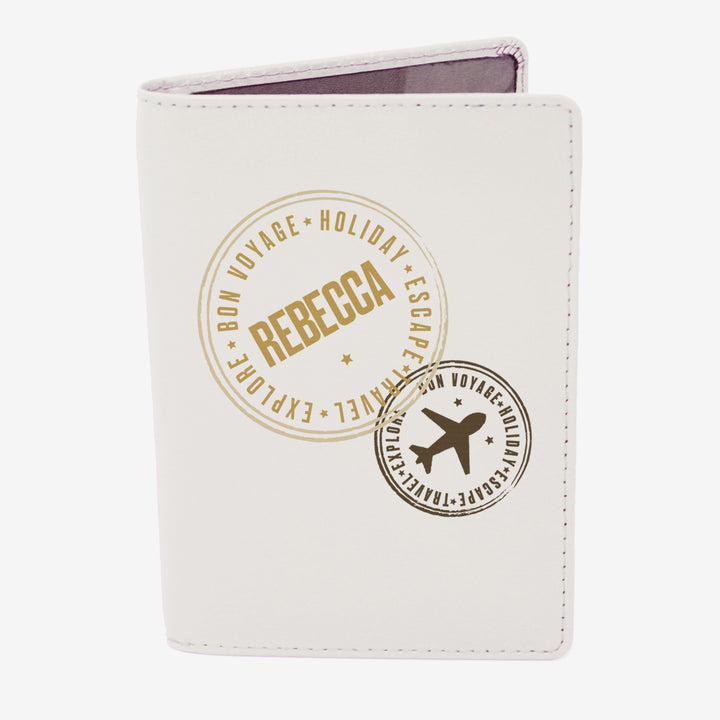 Personalised Stamped Cream Passport Holder in gift category Personalised Passport Holders