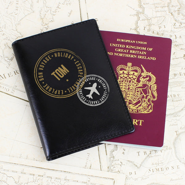 Personalised Stamped Black Passport Holder in gift category Personalised Passport Holders