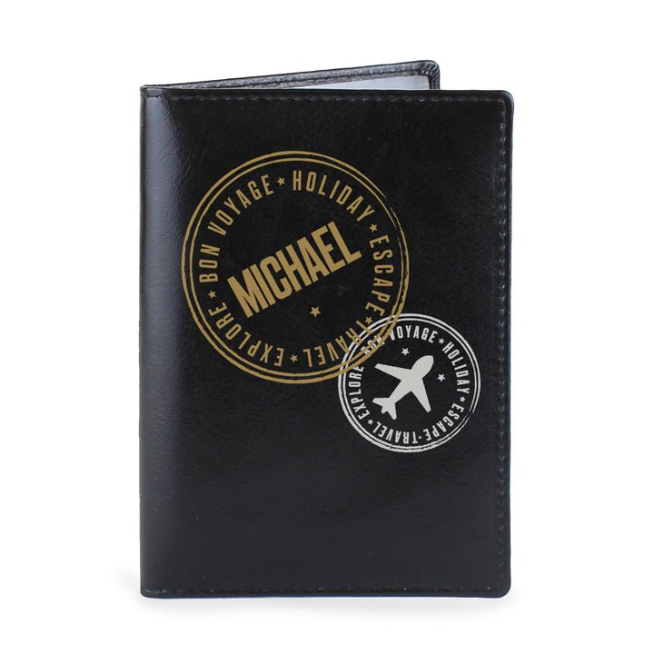 Personalised Stamped Black Passport Holder - part of the Gifts Finder Personalised Passport Holders collection