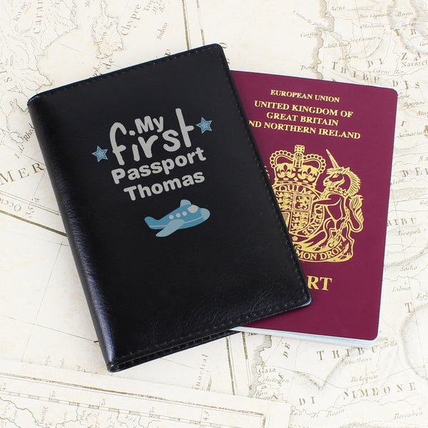 Buy Personalised My First Black Passport Holder at www.giftsfinder.co.uk