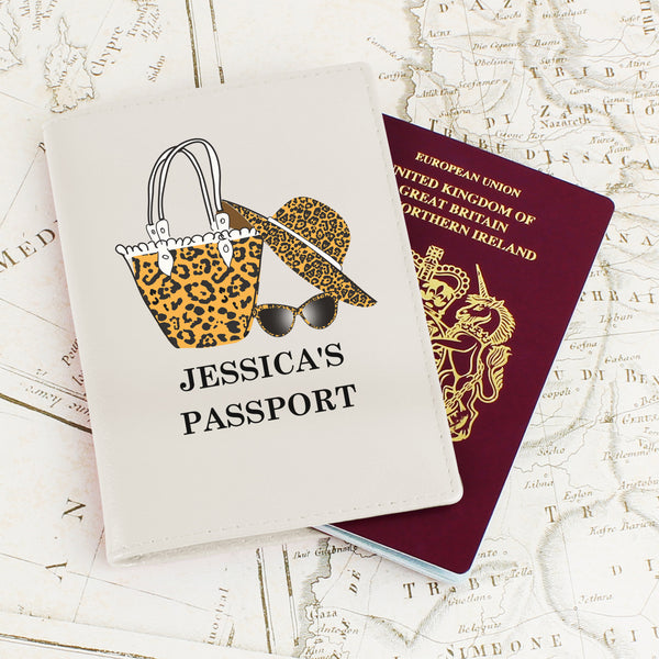 Buy Personalised Leopard Print Cream Passport Holder available now at www.giftsfinder.co.uk