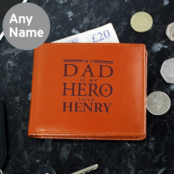 Buy Personalised My Dad is My Hero Tan Leather Wallet at www.giftsfinder.co.uk