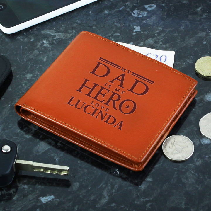 Personalised My Dad Is My Hero Tan Leather Wallet - part of the Gifts Finder Personalised Mens Wallets collection