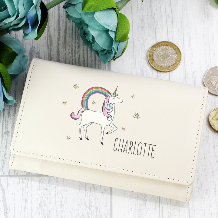 Buy Personalised Unicorn Cream Purse at www.giftsfinder.co.uk