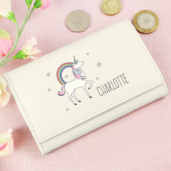 Buy Personalised Unicorn Cream Purse at www.giftsfinder.co.uk