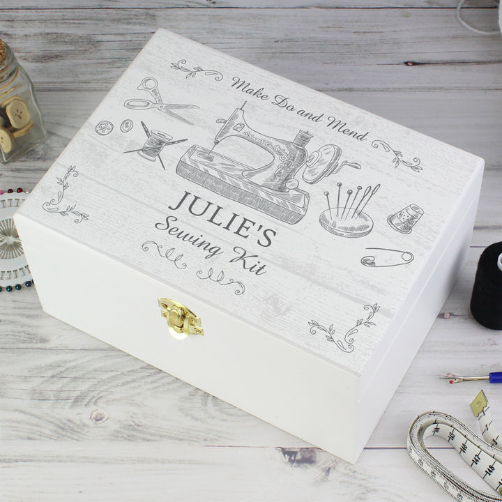 Buy Personalised Sewing Kit White Wooden Keepsake Box at www.giftsfinder.co.uk