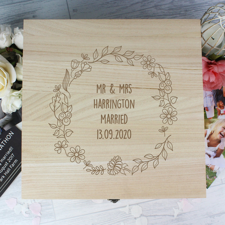 Personalised Floral Wreath Large Wooden Keepsake Box - part of the Gifts Finder Personalised Ornaments & Keepsakes collection