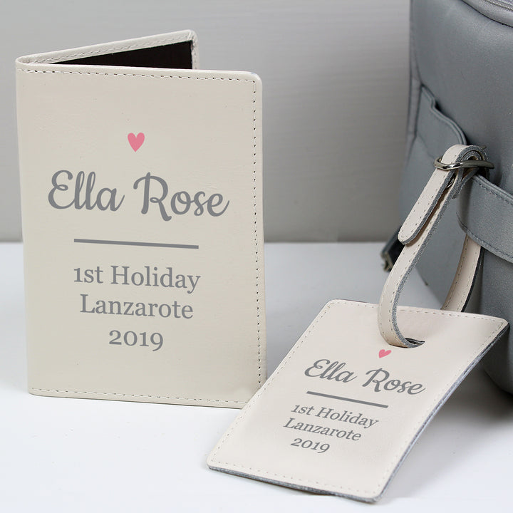 Buy Personalised Pink Heart Cream Passport Holder & Luggage Tag Set at www.giftsfinder.co.uk