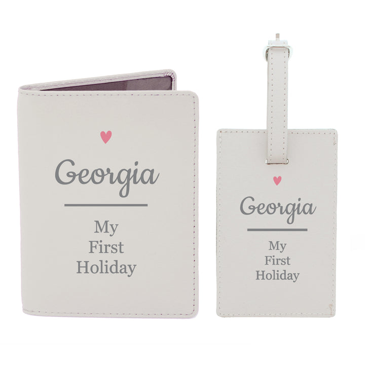 Buy Personalised Pink Heart Cream Passport Holder & Luggage Tag Set at www.giftsfinder.co.uk