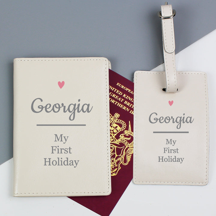 Buy Personalised Pink Heart Cream Passport Holder & Luggage Tag Set at www.giftsfinder.co.uk