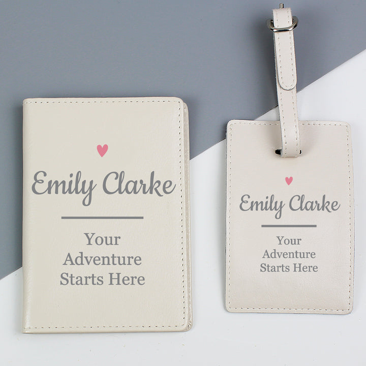 Buy Personalised Pink Heart Cream Passport Holder & Luggage Tag Set at www.giftsfinder.co.uk