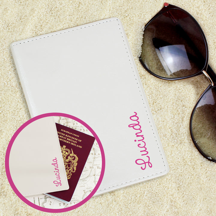 Personalised Pink Name Island Cream Passport Holder - part of the Gifts Finder Personalised Passport Holders collection