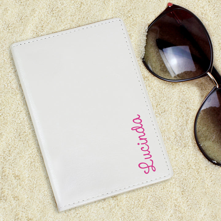 Buy Personalised Pink Name Cream Passport Holder at www.giftsfinder.co.uk