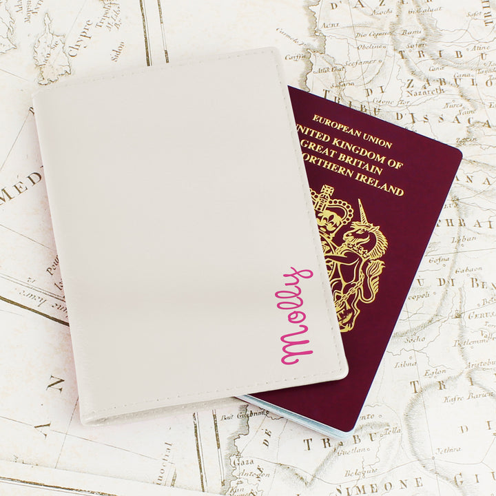 Buy Personalised Pink Name Cream Passport Holder at www.giftsfinder.co.uk