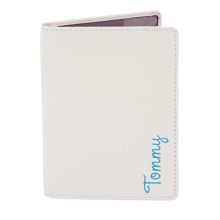 Buy Personalised Blue Name Cream Passport Holder available now at www.giftsfinder.co.uk