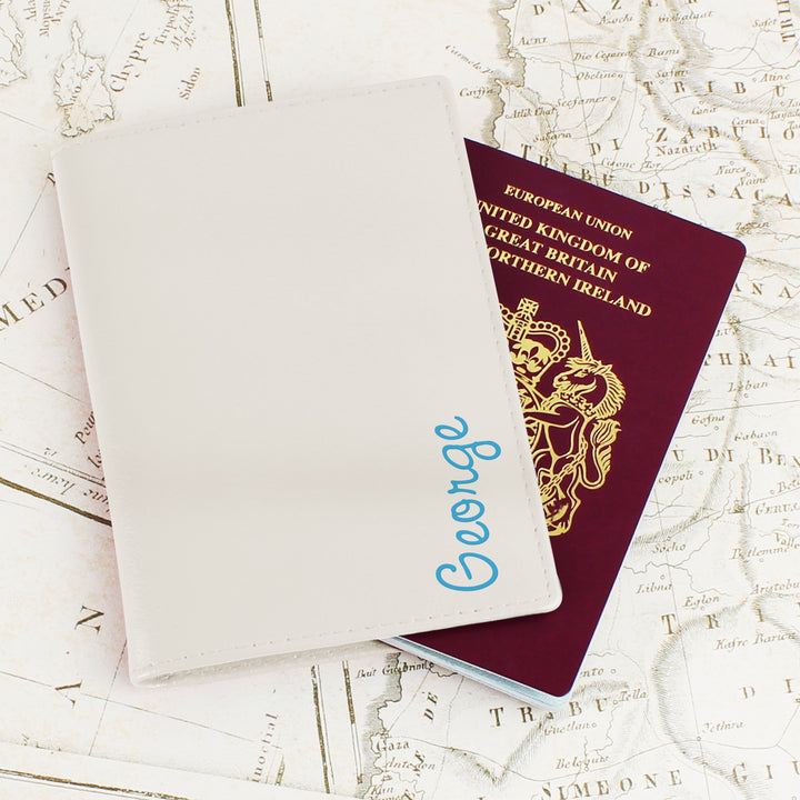 Buy Personalised Blue Name Cream Passport Holder available now at www.giftsfinder.co.uk