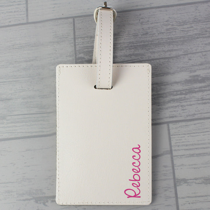 Buy Personalised Pink Name Cream Luggage Tag at www.giftsfinder.co.uk