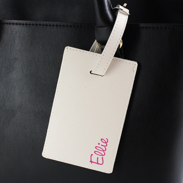 Buy Personalised Pink Name Cream Luggage Tag at www.giftsfinder.co.uk