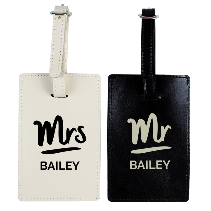 Buy Personalised Mr & Mrs Black & Cream Luggage Tag Set at www.giftsfinder.co.uk