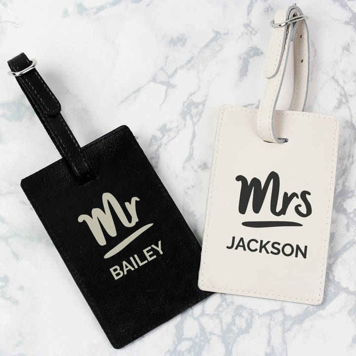 Buy Personalised Mr & Mrs Black & Cream Luggage Tag Set at www.giftsfinder.co.uk