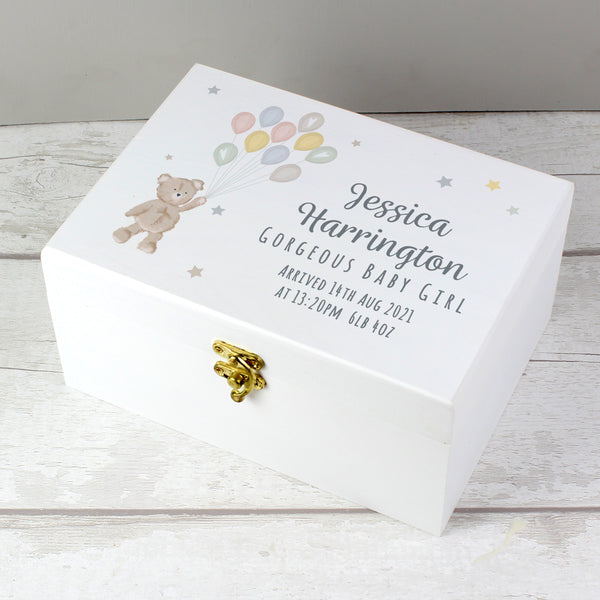 Buy Personalised Teddy & Balloons White Wooden Keepsake Box at www.giftsfinder.co.uk