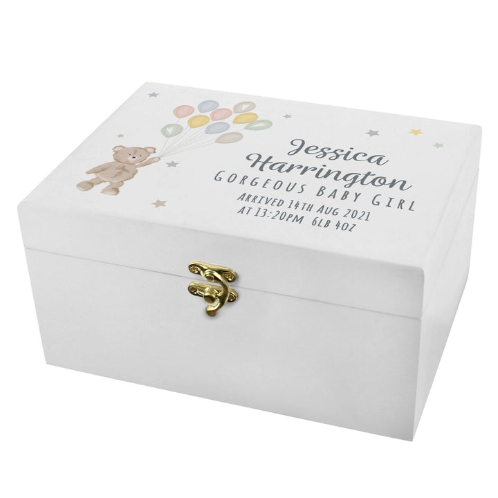 Personalised Teddy & Balloons White Wooden Keepsake Box - part of the Gifts Finder Personalised Ornaments & Keepsakes collection