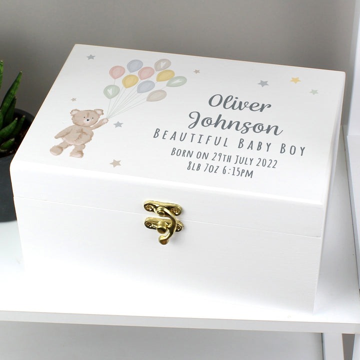 Personalised Teddy & Balloons White Wooden Keepsake Box - part of the Gifts Finder Personalised Ornaments & Keepsakes collection