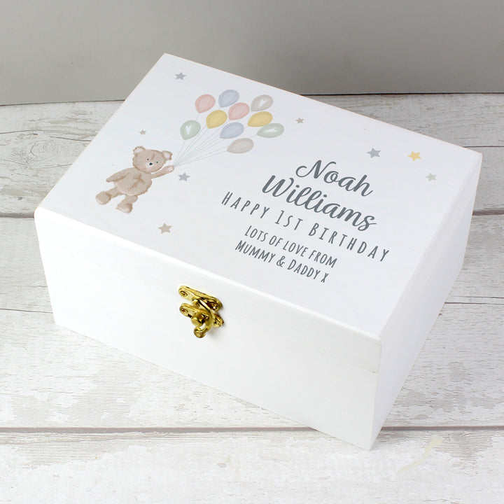 Personalised Teddy & Balloons White Wooden Keepsake Box - part of the Gifts Finder Personalised Ornaments & Keepsakes collection