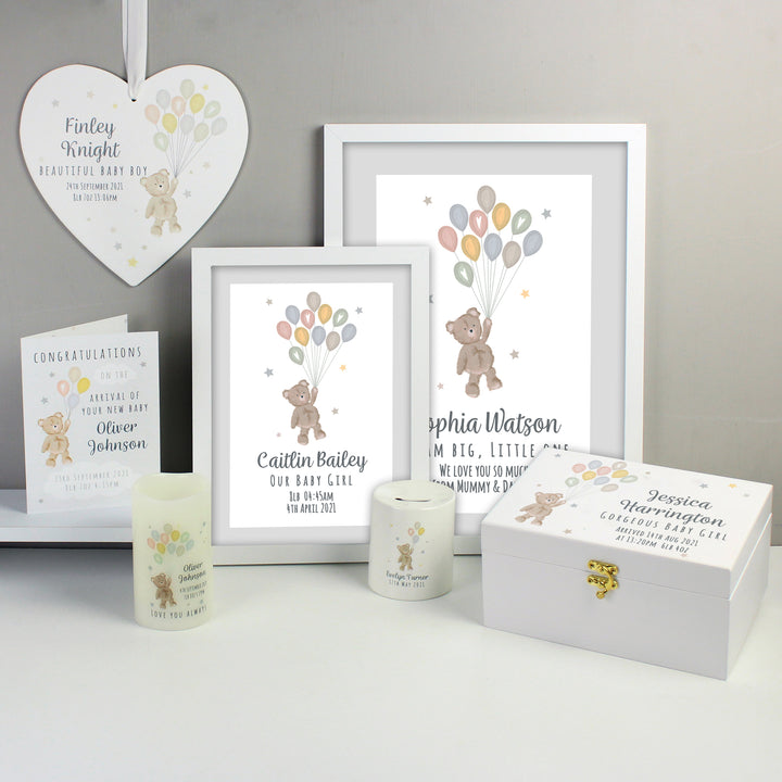 Personalised Teddy & Balloons White Wooden Keepsake Box - part of the Gifts Finder Personalised Ornaments & Keepsakes collection