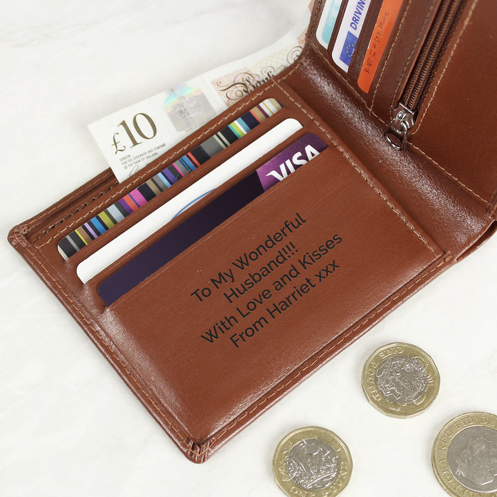 Buy Personalised Free Text Tan Leather Wallet at www.giftsfinder.co.uk