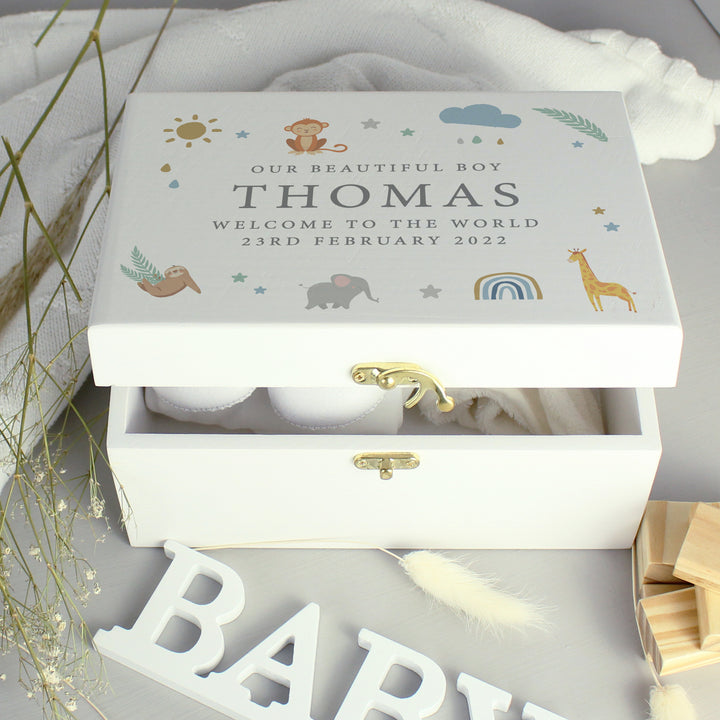 Personalised Safari Animals White Wooden Keepsake Box - part of the Gifts Finder Personalised Ornaments & Keepsakes collection