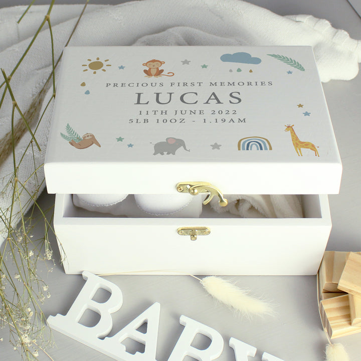 Personalised Safari Animals White Wooden Keepsake Box - part of the Gifts Finder Personalised Ornaments & Keepsakes collection