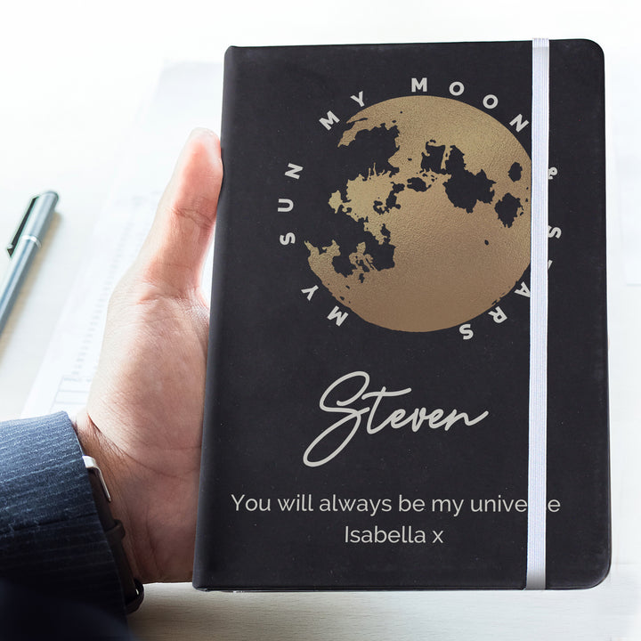 Buy Personalised Moon & Stars Black Hardback Notebook available now at www.giftsfinder.co.uk