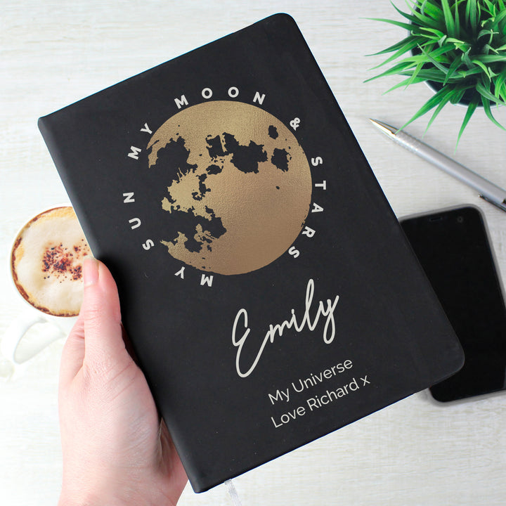 Buy Personalised Moon & Stars Black Hardback Notebook available now at www.giftsfinder.co.uk