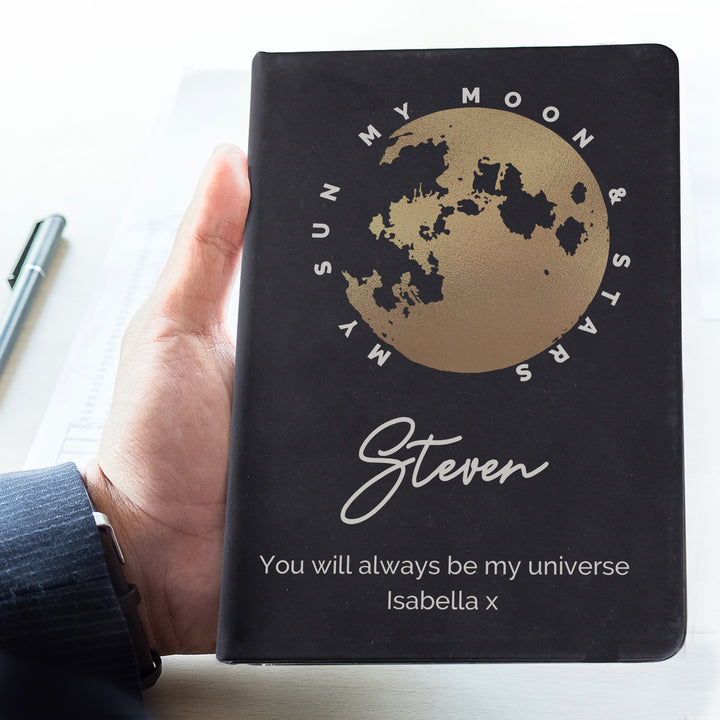 Buy Personalised Moon & Stars Black Hardback Notebook available now at www.giftsfinder.co.uk